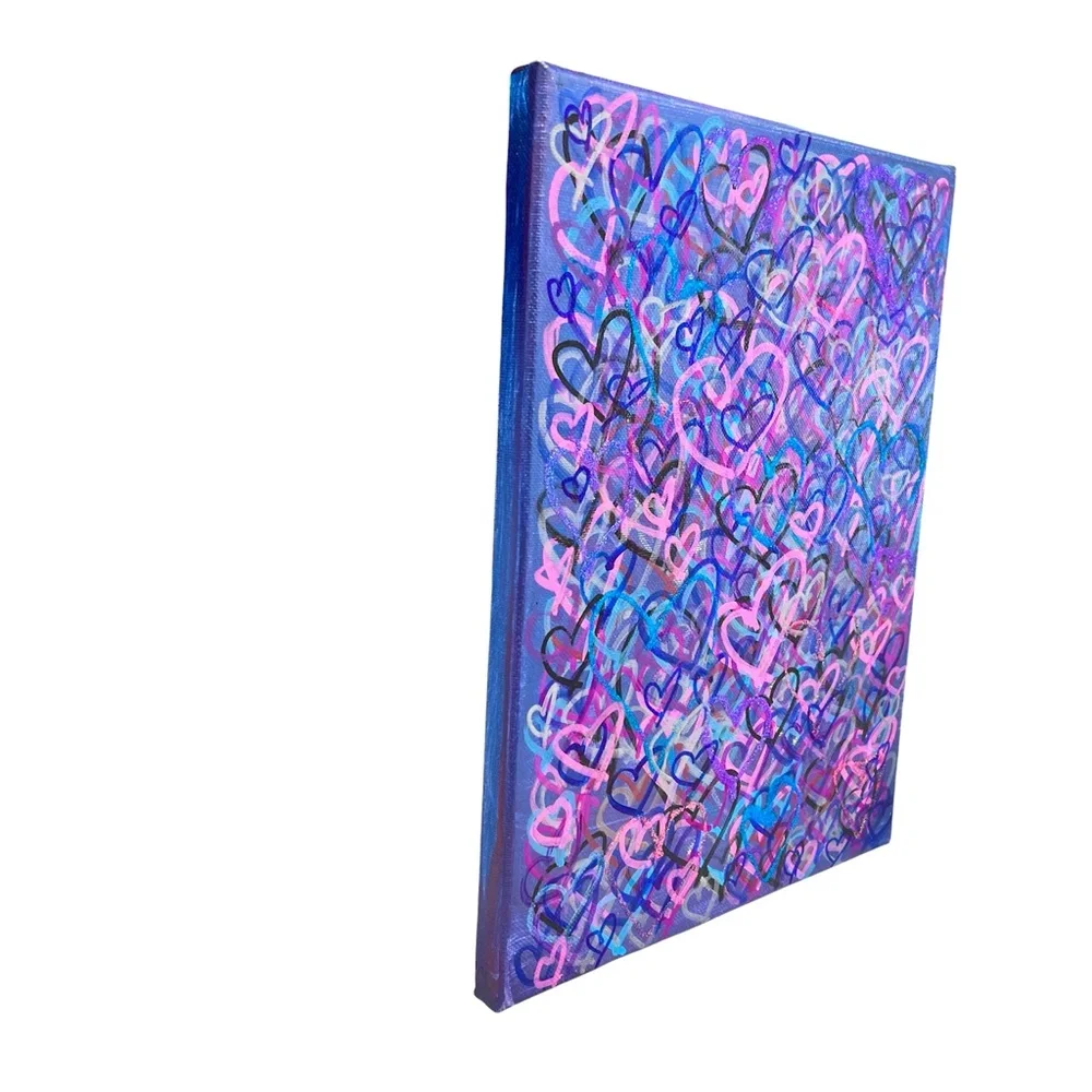 HANDCRAFTED MIXED MEDIA COLORFUL GRAFFITI HEARTS - SHADES OF PURPLE, BLUE & PINK